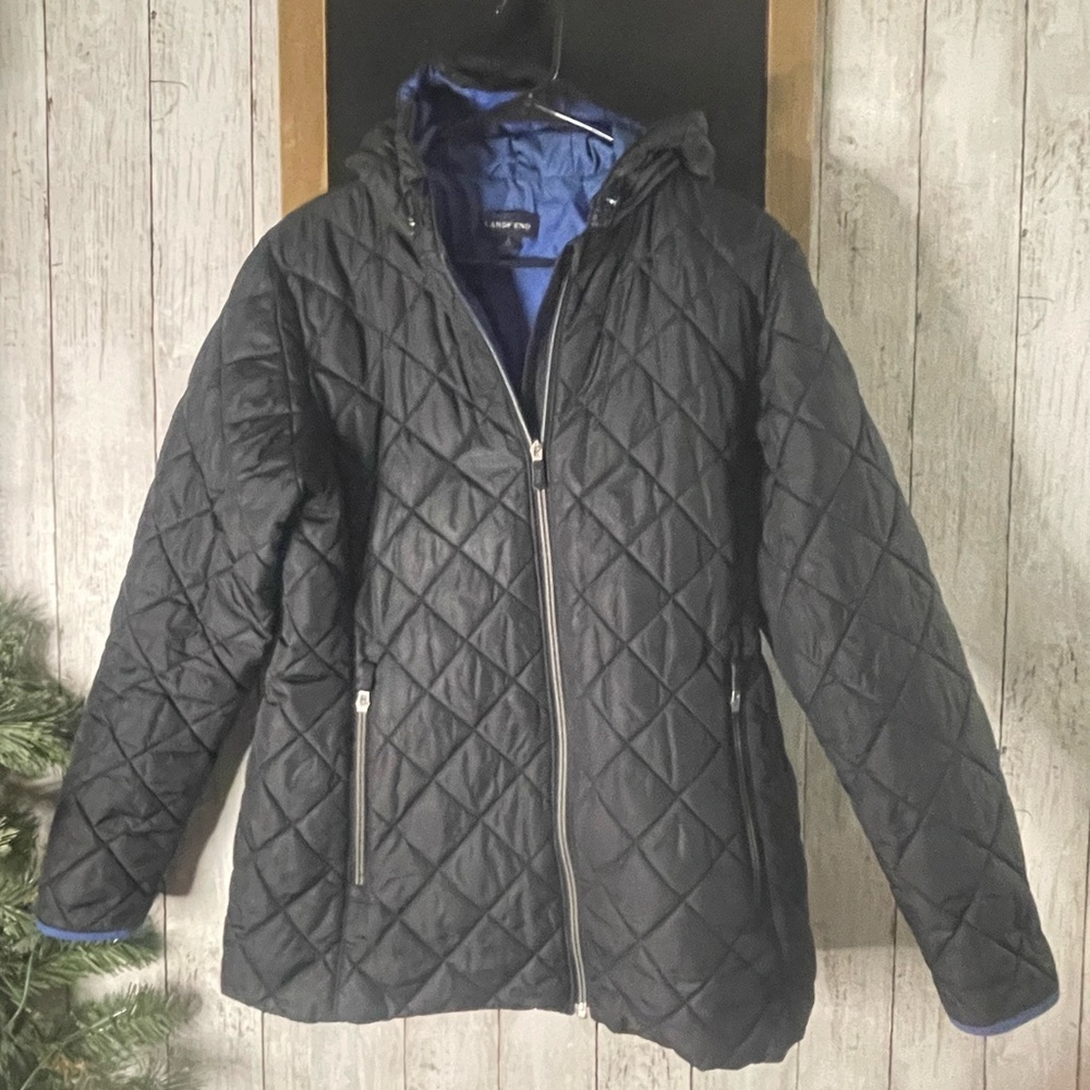 Lands End Women’s Quilted Hooded Puffer Black Coat Size Small